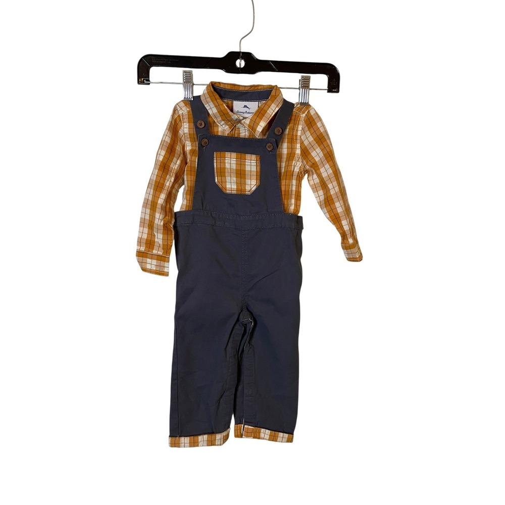 Tommy Bahama Boys 18M 2pc Set Orange Gingham Shirt & Gray Overalls Outfit